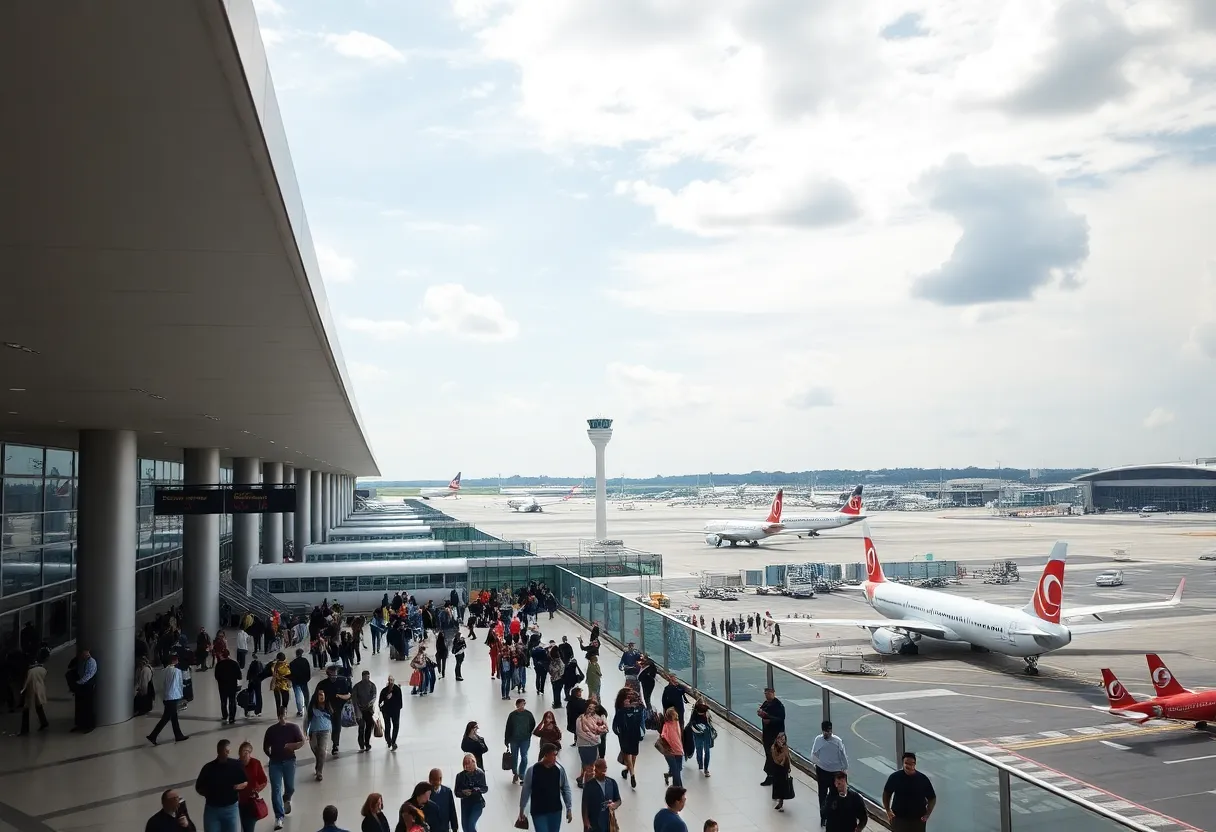 Aerial view of Hartsfield-Jackson Atlanta International Airport with busy terminals and aircrafts.