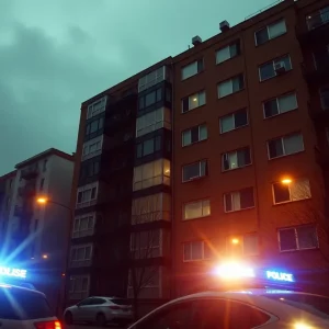 Police lights flashing in front of an urban apartment building.