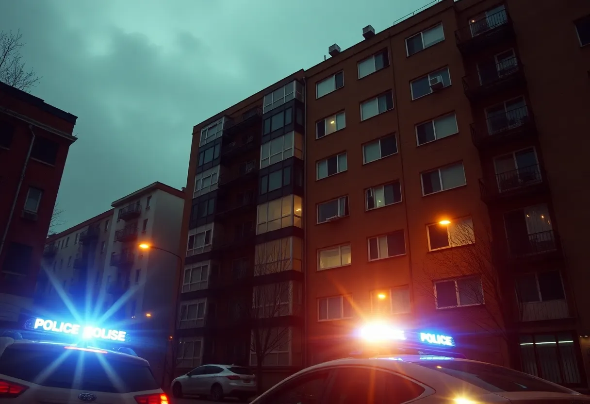Police lights flashing in front of an urban apartment building.
