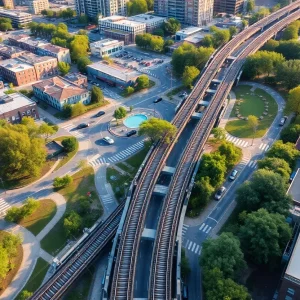 Aerial view of the Atlanta Beltline showing transit options and community areas.