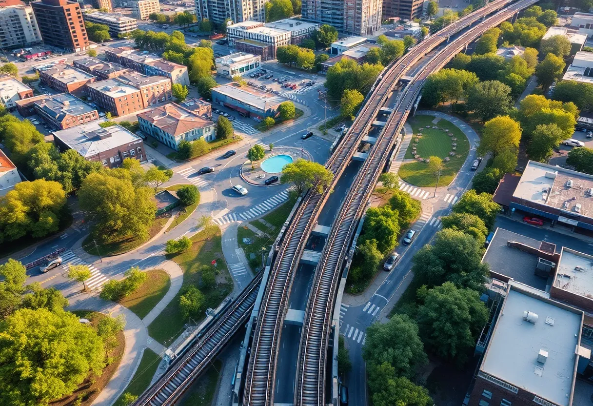 Aerial view of the Atlanta Beltline showing transit options and community areas.