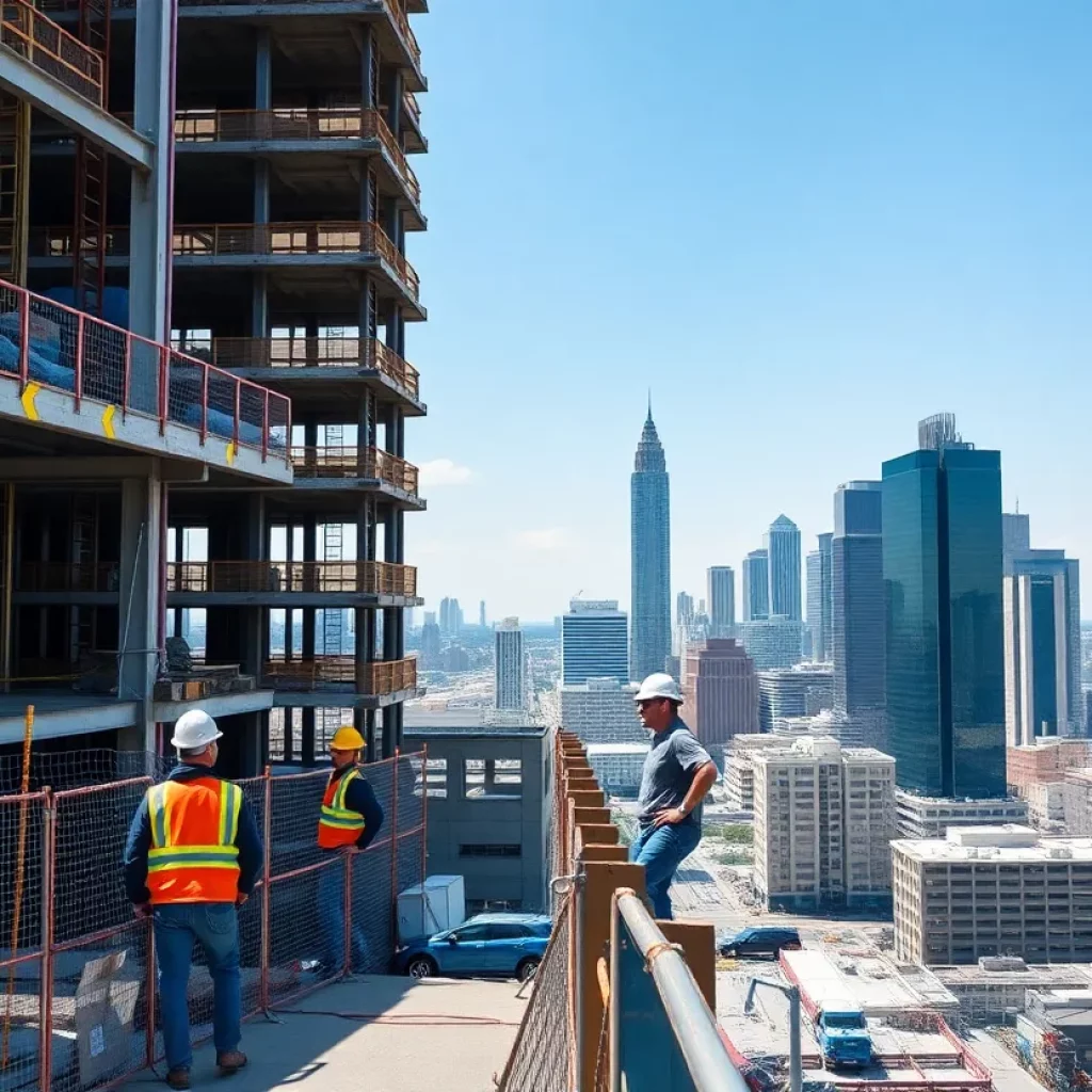 High-rise construction site with safety equipment and workers present