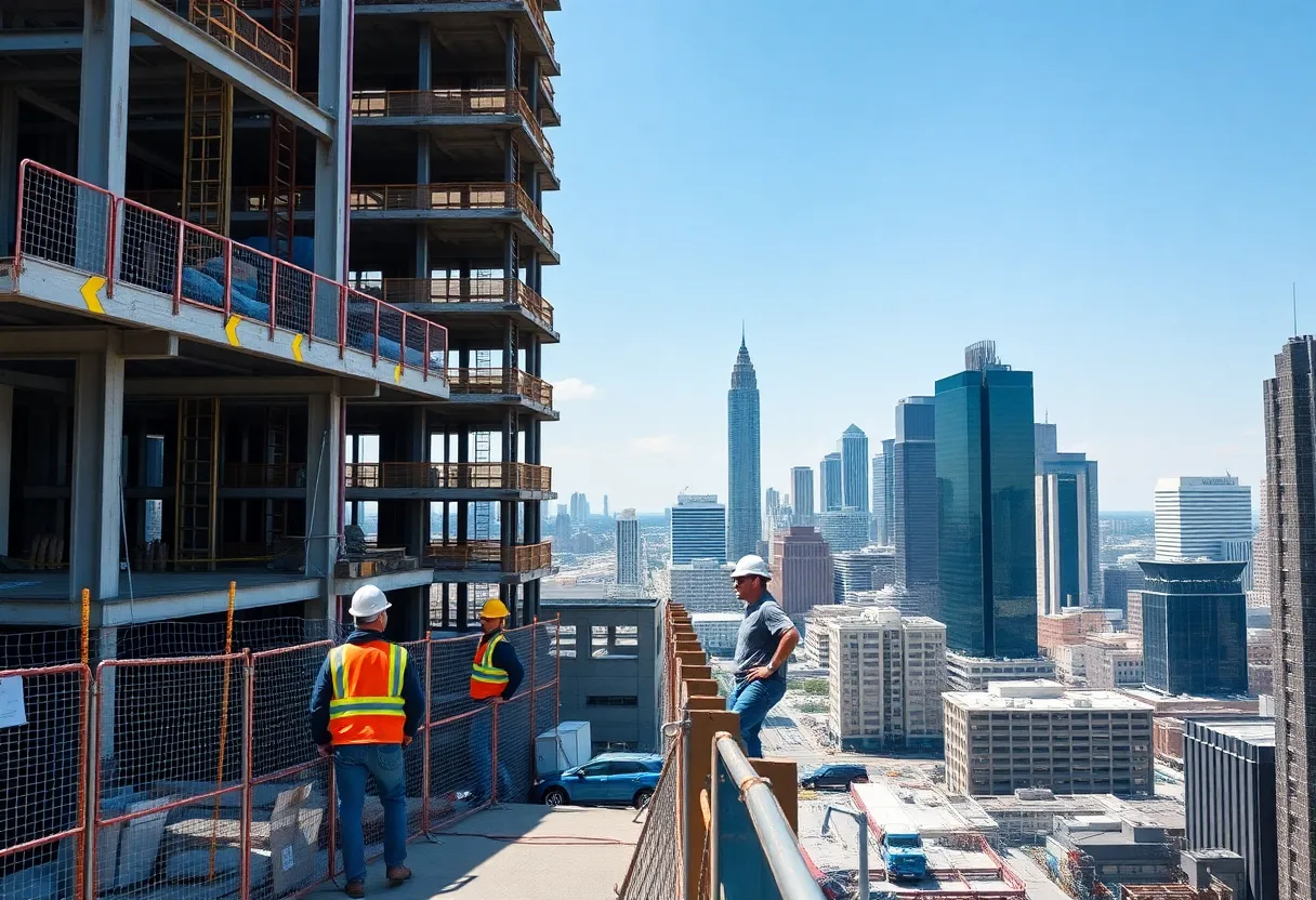 High-rise construction site with safety equipment and workers present