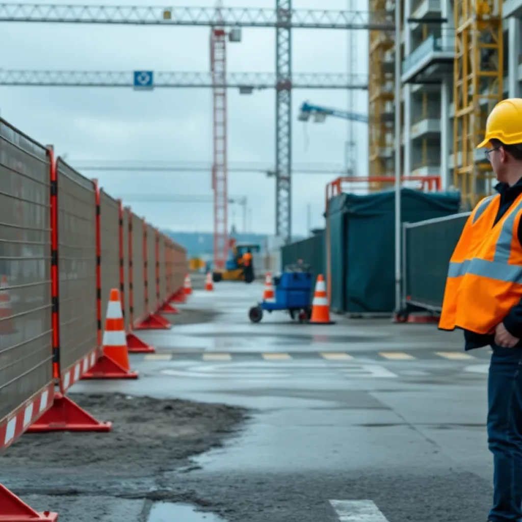 Construction site with caution tape and safety equipment after an accident.