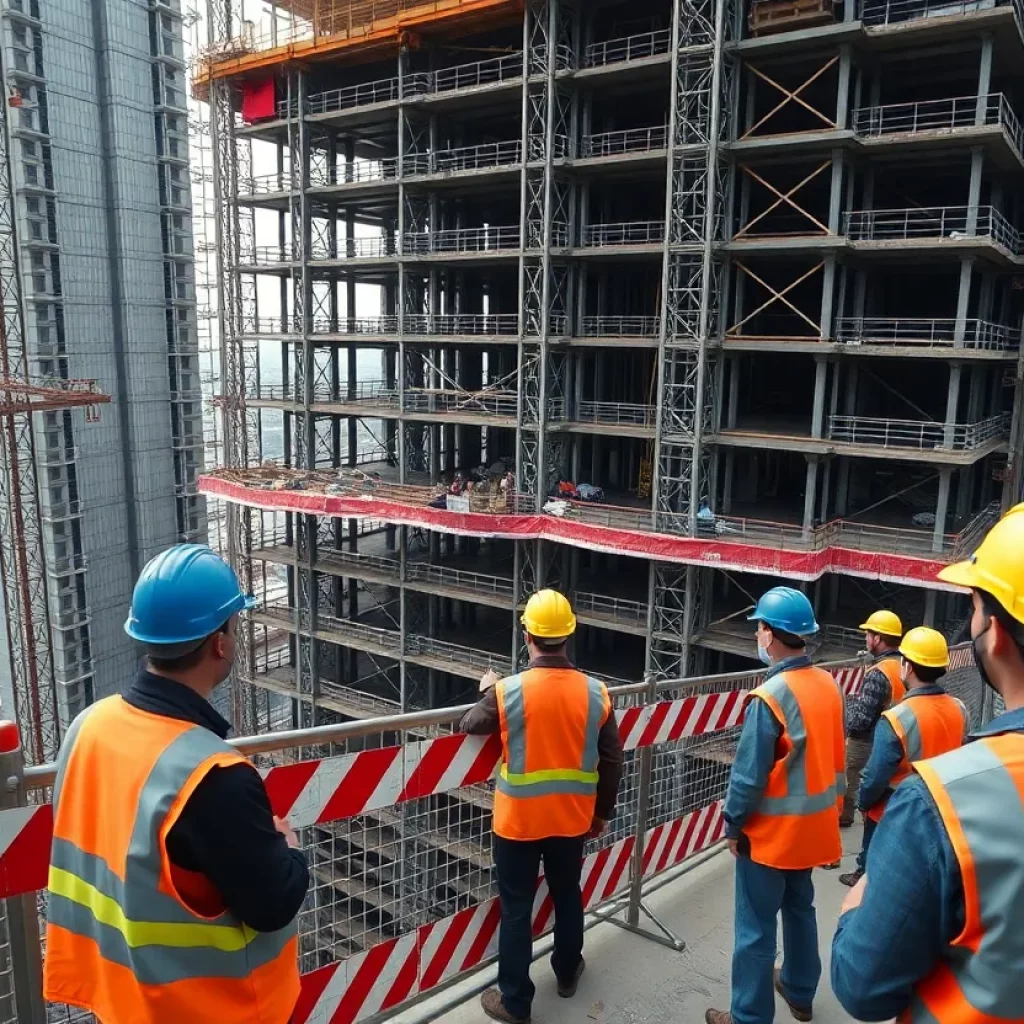 High-rise construction site with safety measures