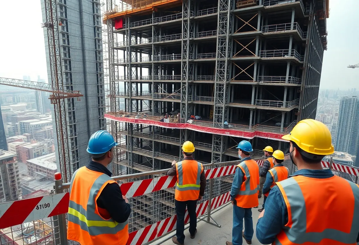 High-rise construction site with safety measures