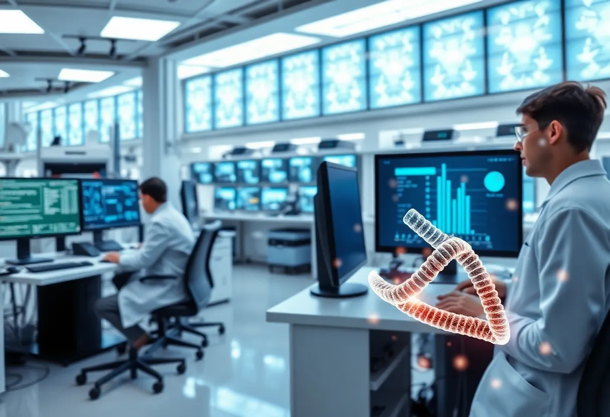 Researchers studying DNA repair in an advanced laboratory