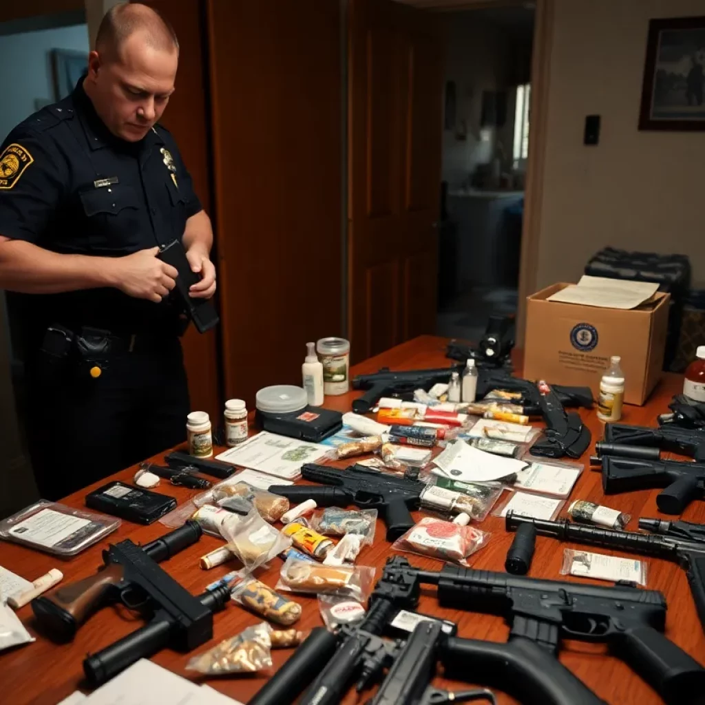 Police officers during a drug raid examining seized narcotics and firearms