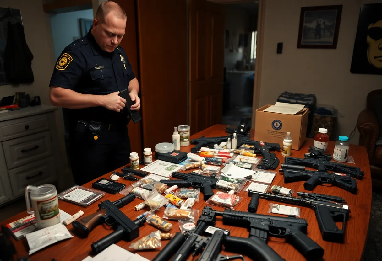 Police officers during a drug raid examining seized narcotics and firearms