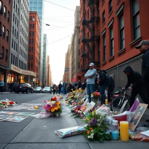 Urban scene depicting community response to gang violence