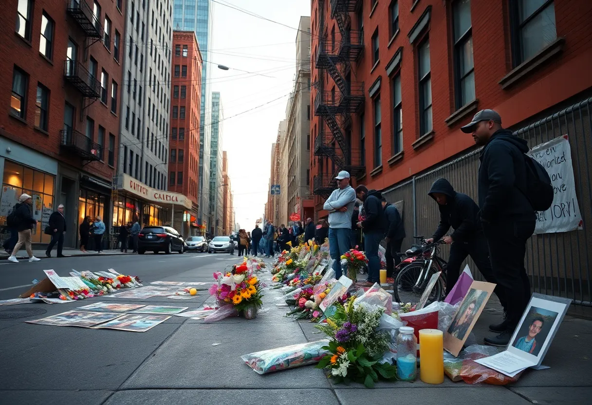 Urban scene depicting community response to gang violence