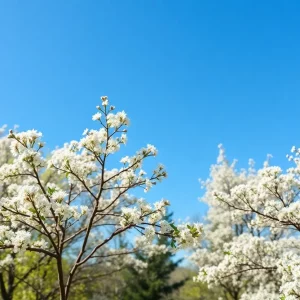 Scenic view of Atlanta with trees releasing pollen in spring.