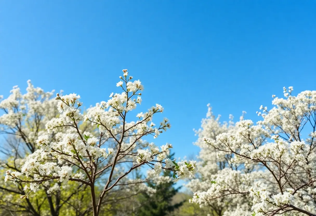 Scenic view of Atlanta with trees releasing pollen in spring.