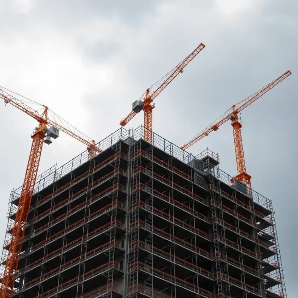 Construction site of a high-rise building in Atlanta with cranes.