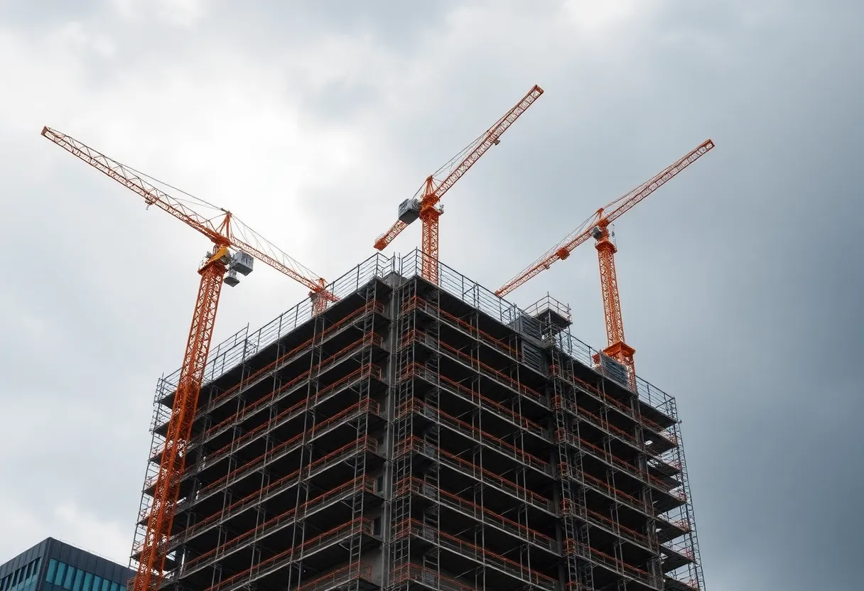 Construction site of a high-rise building in Atlanta with cranes.