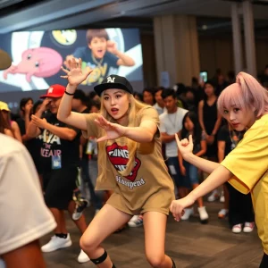 A lively event featuring hip-hop and anime fusion, representing the cultural exchange between Atlanta and Japan.