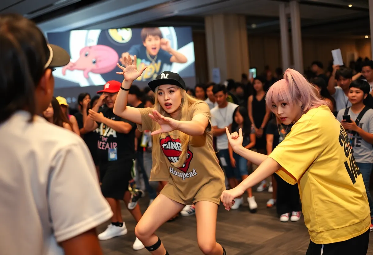 A lively event featuring hip-hop and anime fusion, representing the cultural exchange between Atlanta and Japan.