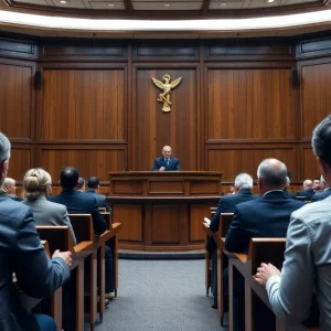 Interior of an Atlanta courtroom during a murder trial