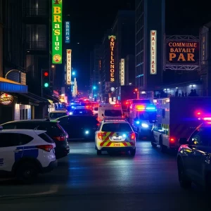 Police presence in Atlanta at night with emergency vehicles