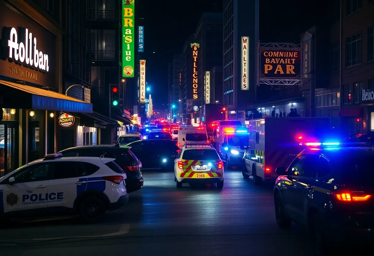Police presence in Atlanta at night with emergency vehicles