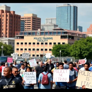 Construction site of the Atlanta Police Training Center with protestors visible.