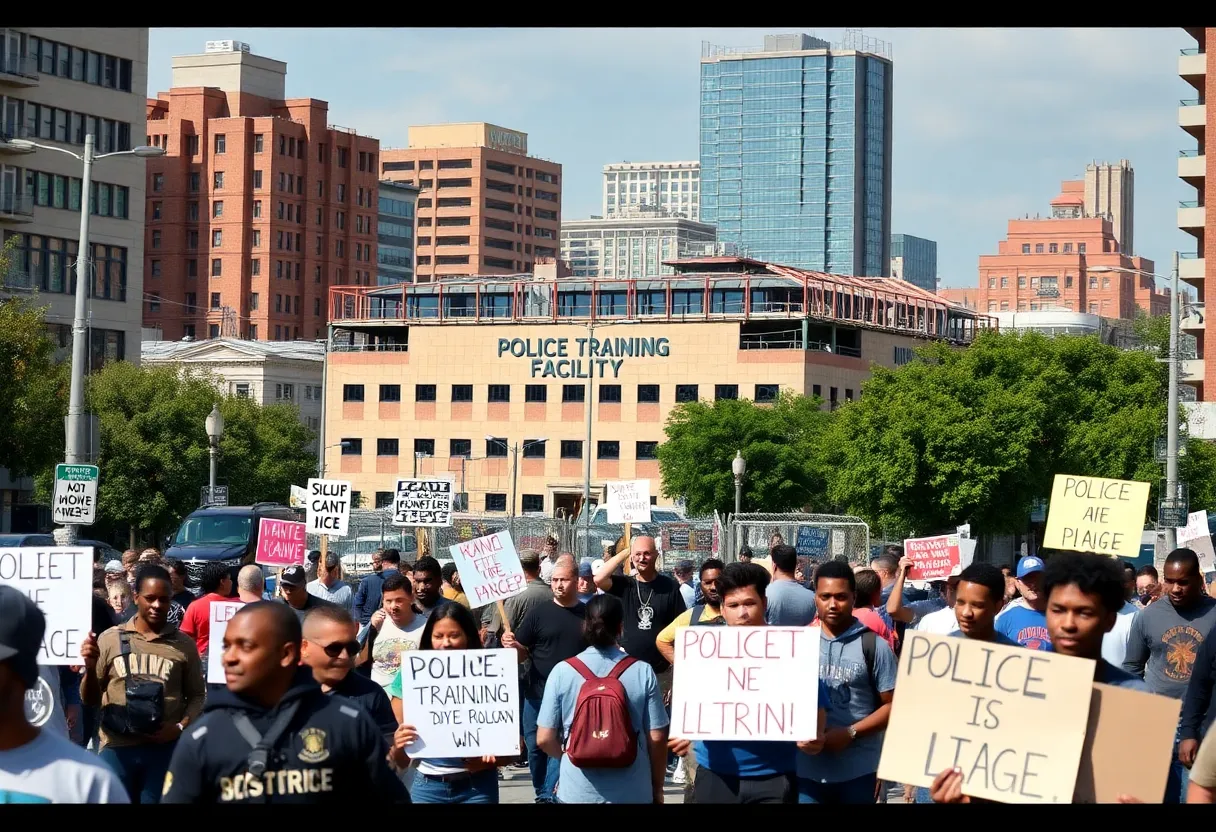Construction site of the Atlanta Police Training Center with protestors visible.