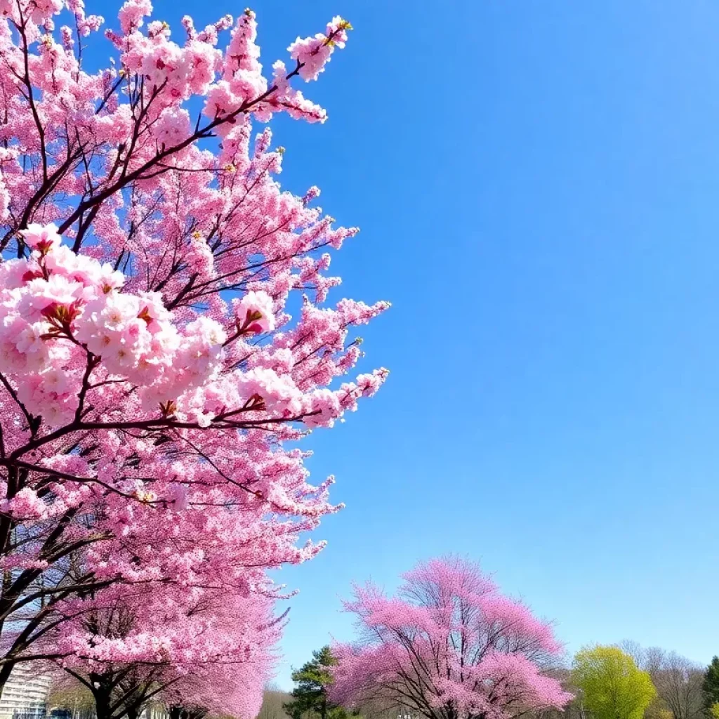 A view of a park in Atlanta with blooming trees indicating high pollen levels.