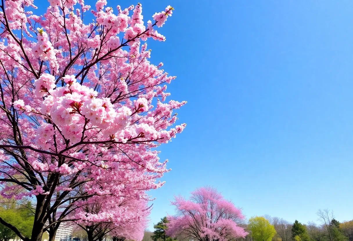 A view of a park in Atlanta with blooming trees indicating high pollen levels.