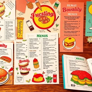 Colorful restaurant menus exhibiting unique designs and community themes in Atlanta.