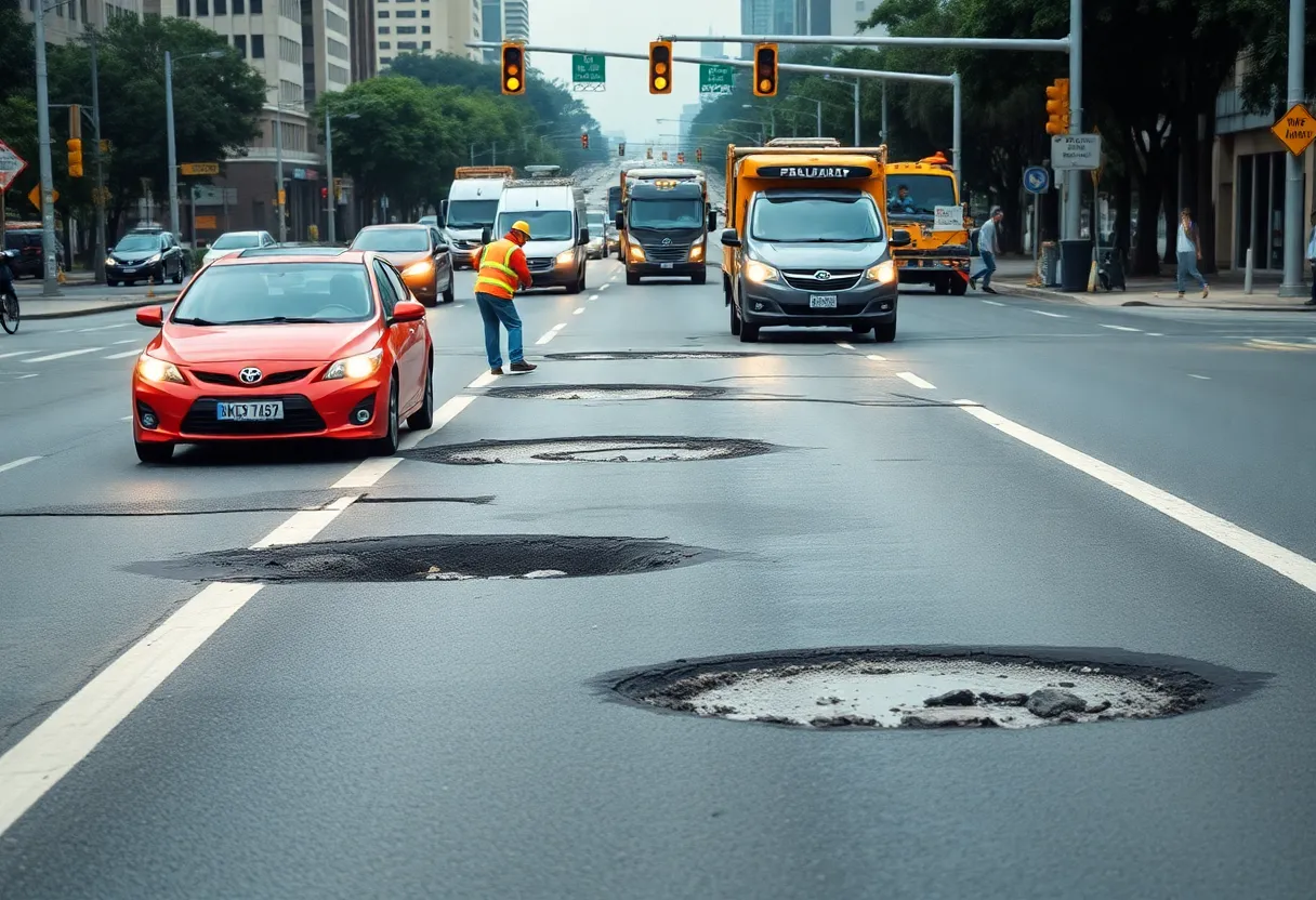 Construction workers repairing a pothole on a busy Atlanta street.