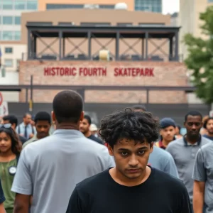 Scene depicting a busy Atlanta street near the Historic Fourth Ward Skatepark after a robbery incident.