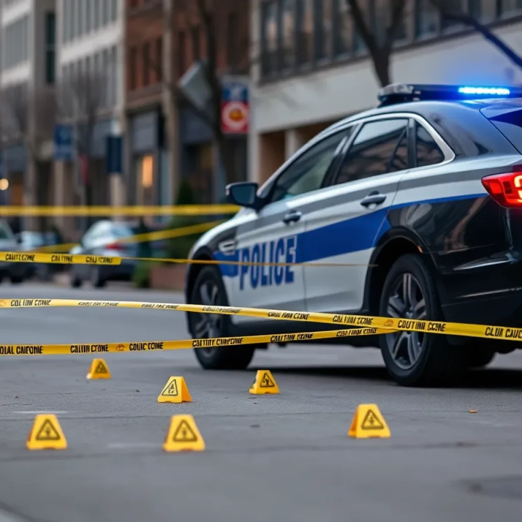 Police car at a crime scene in Atlanta with evidence markers.
