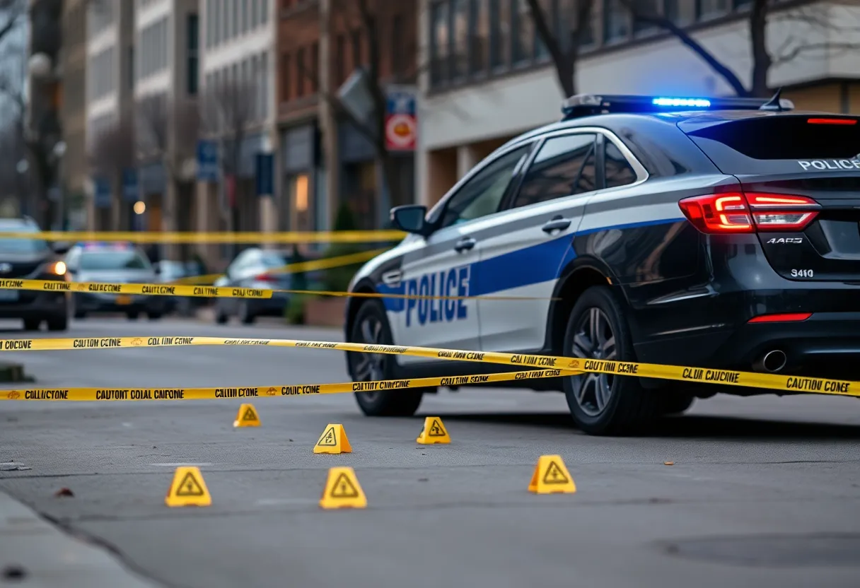 Police car at a crime scene in Atlanta with evidence markers.