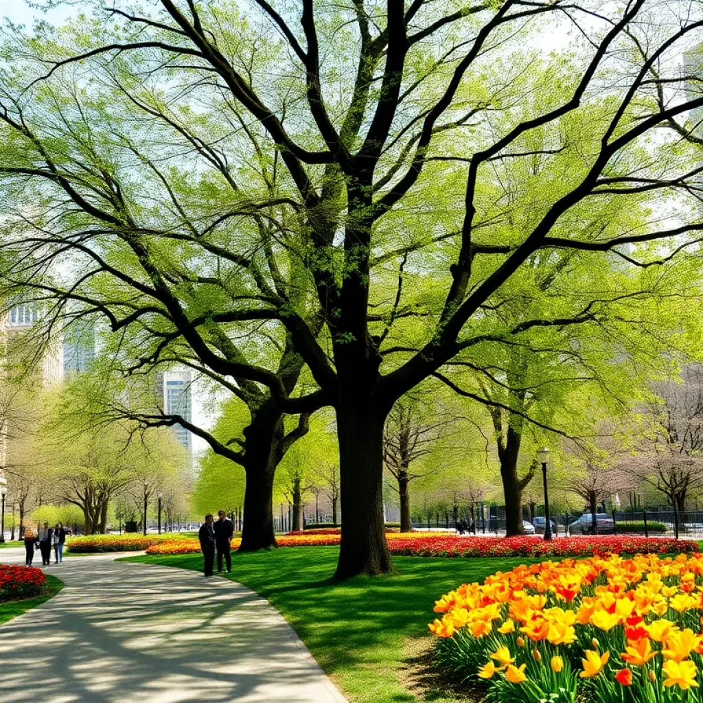 A park in Atlanta showcasing blooming trees and flowers during high pollen season.