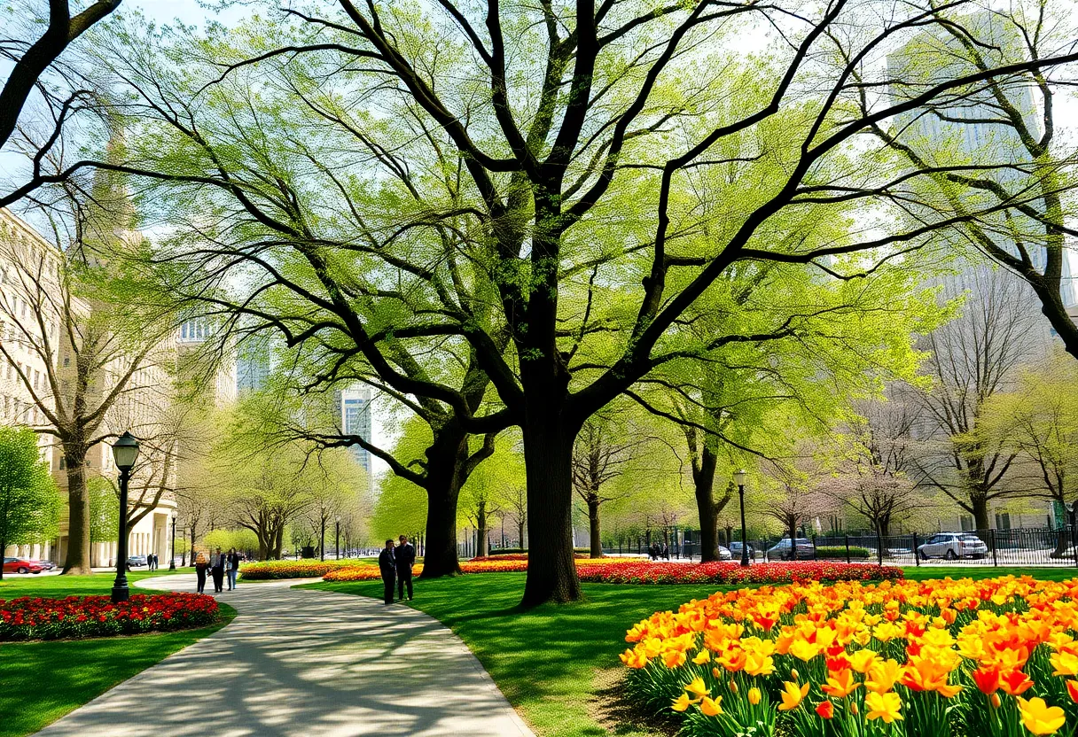 A park in Atlanta showcasing blooming trees and flowers during high pollen season.