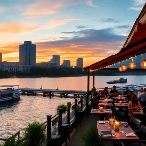 View of a waterfront restaurant along the Chattahoochee River in Atlanta