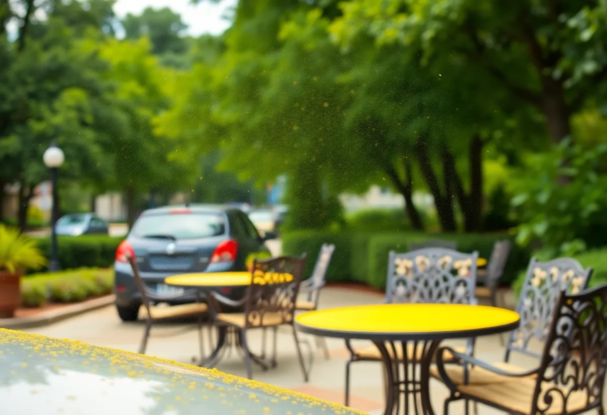A view of pollen dust accumulating on outdoor furniture in Augusta, Georgia.