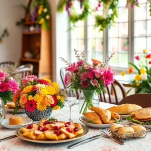 Spring-themed dining setup at the Blooming Pig pop-up in Atlanta