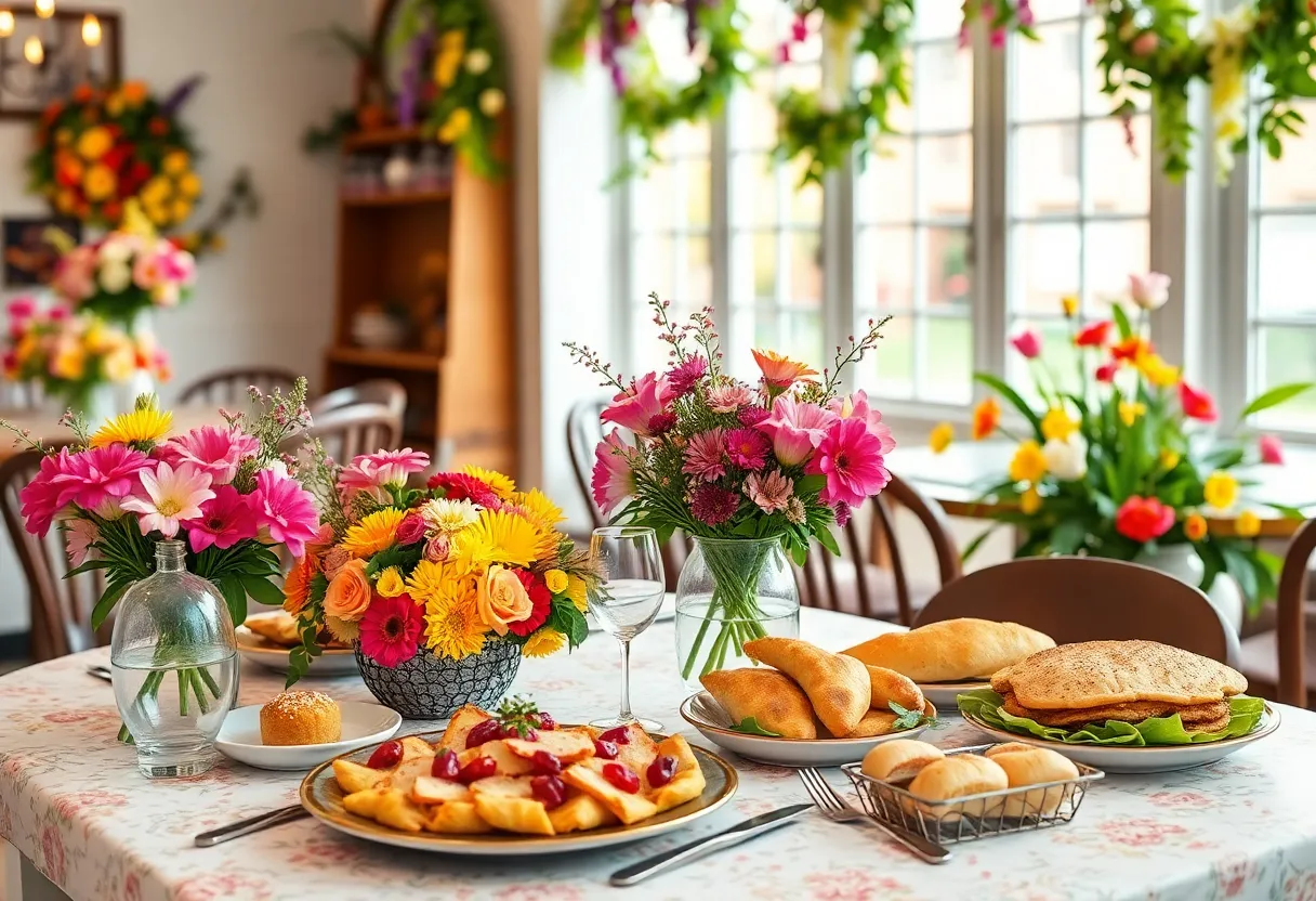 Spring-themed dining setup at the Blooming Pig pop-up in Atlanta