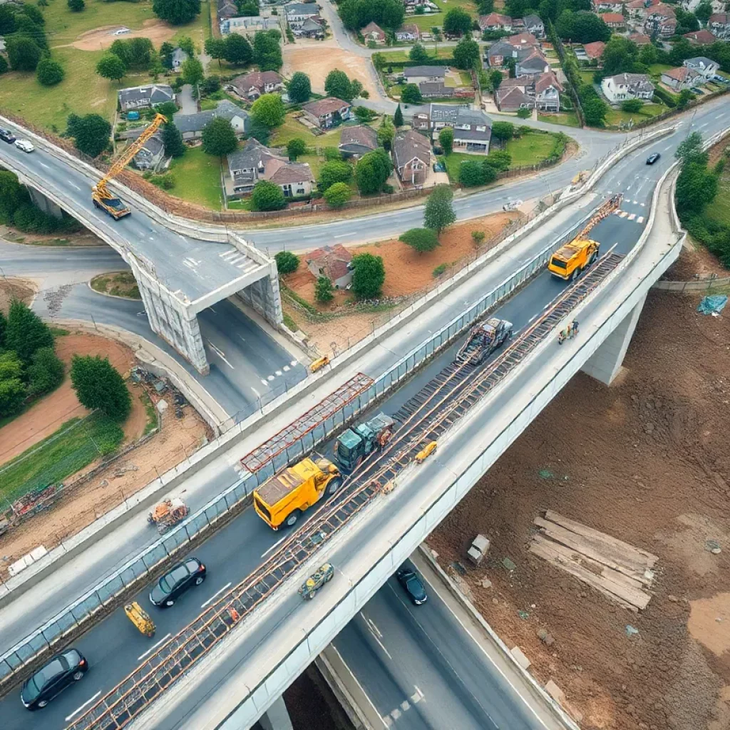 Construction of the Buena Vista Road bridge over a busy road with machinery and workers.
