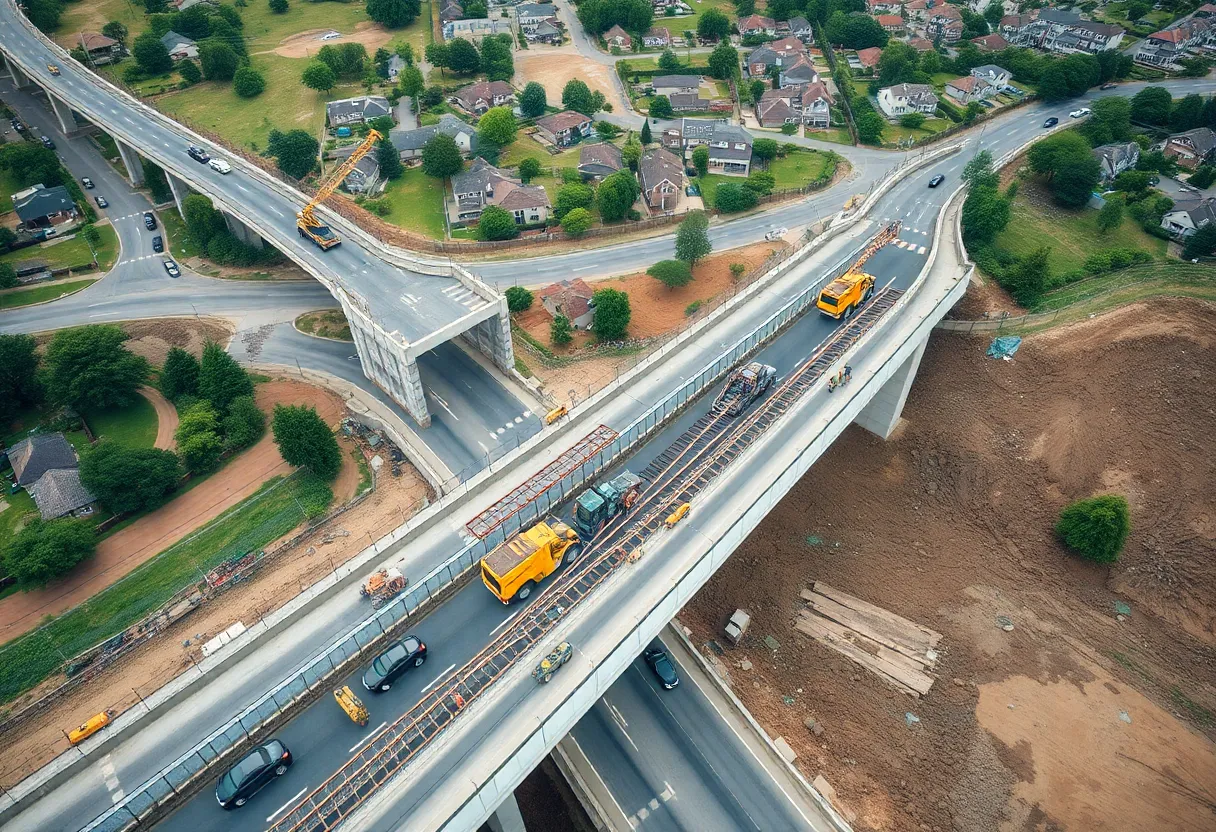 Construction of the Buena Vista Road bridge over a busy road with machinery and workers.