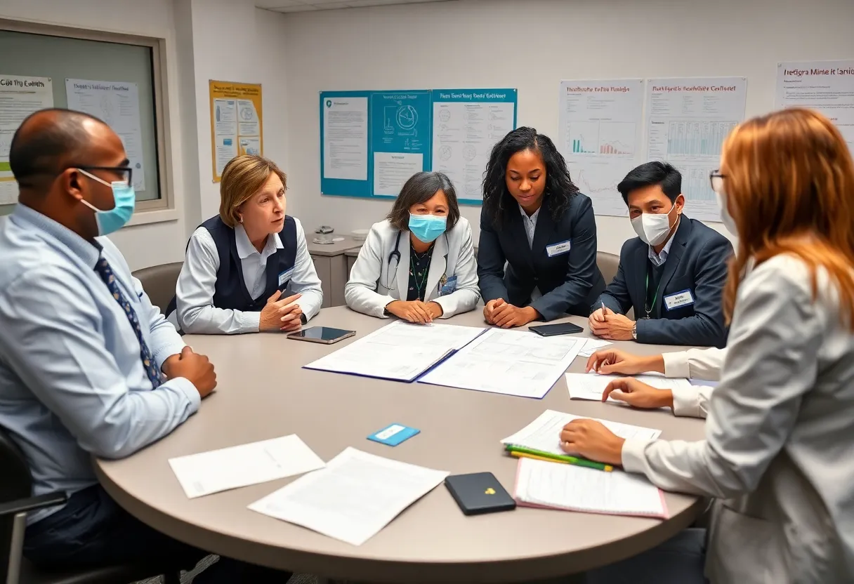 Public health officials at CDC discussing plans in a meeting.