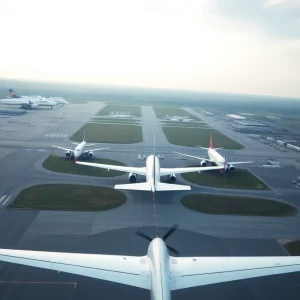 Aerial view illustrating a near miss between a commercial flight and a military jet.