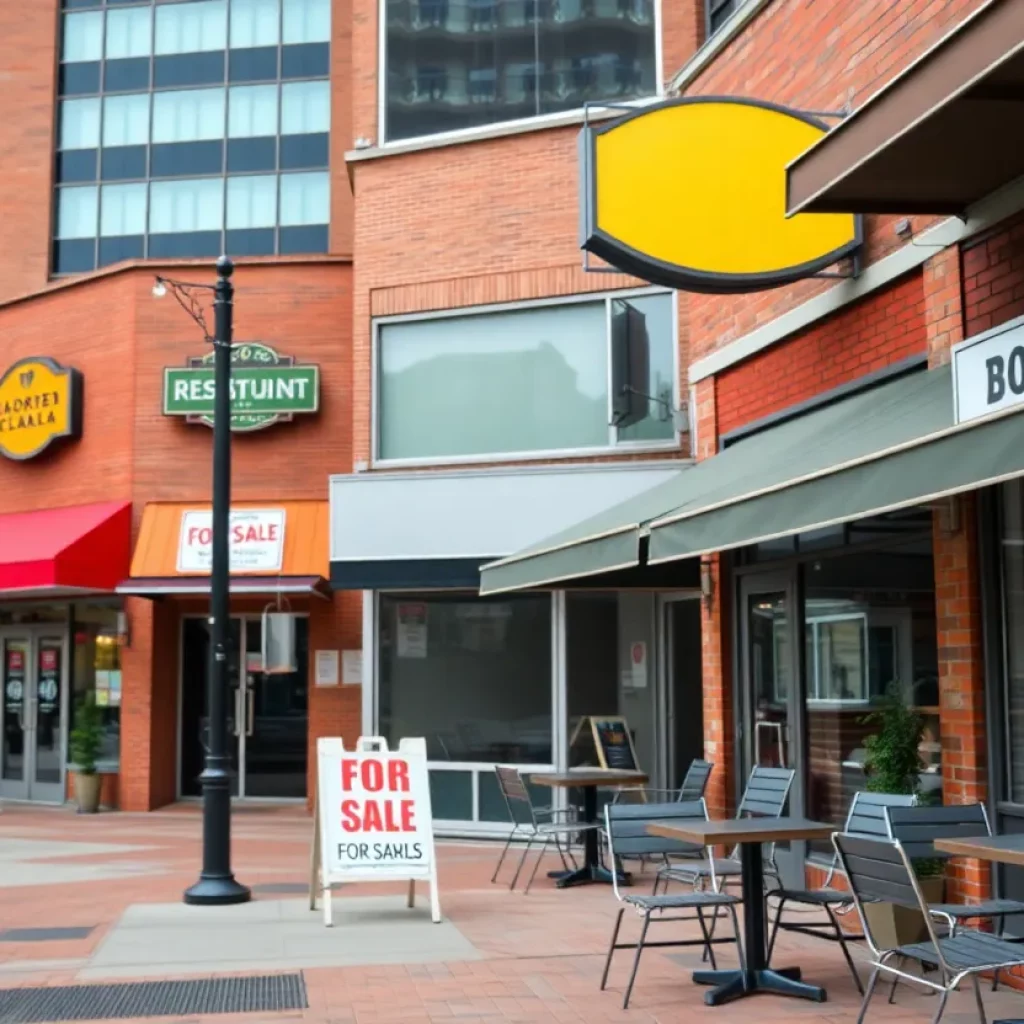 Empty restaurant storefronts in Atlanta with 'For Sale' signs