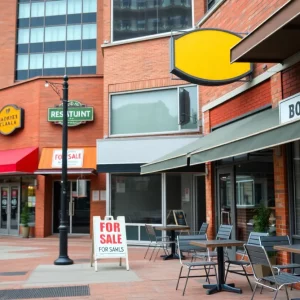 Empty restaurant storefronts in Atlanta with 'For Sale' signs