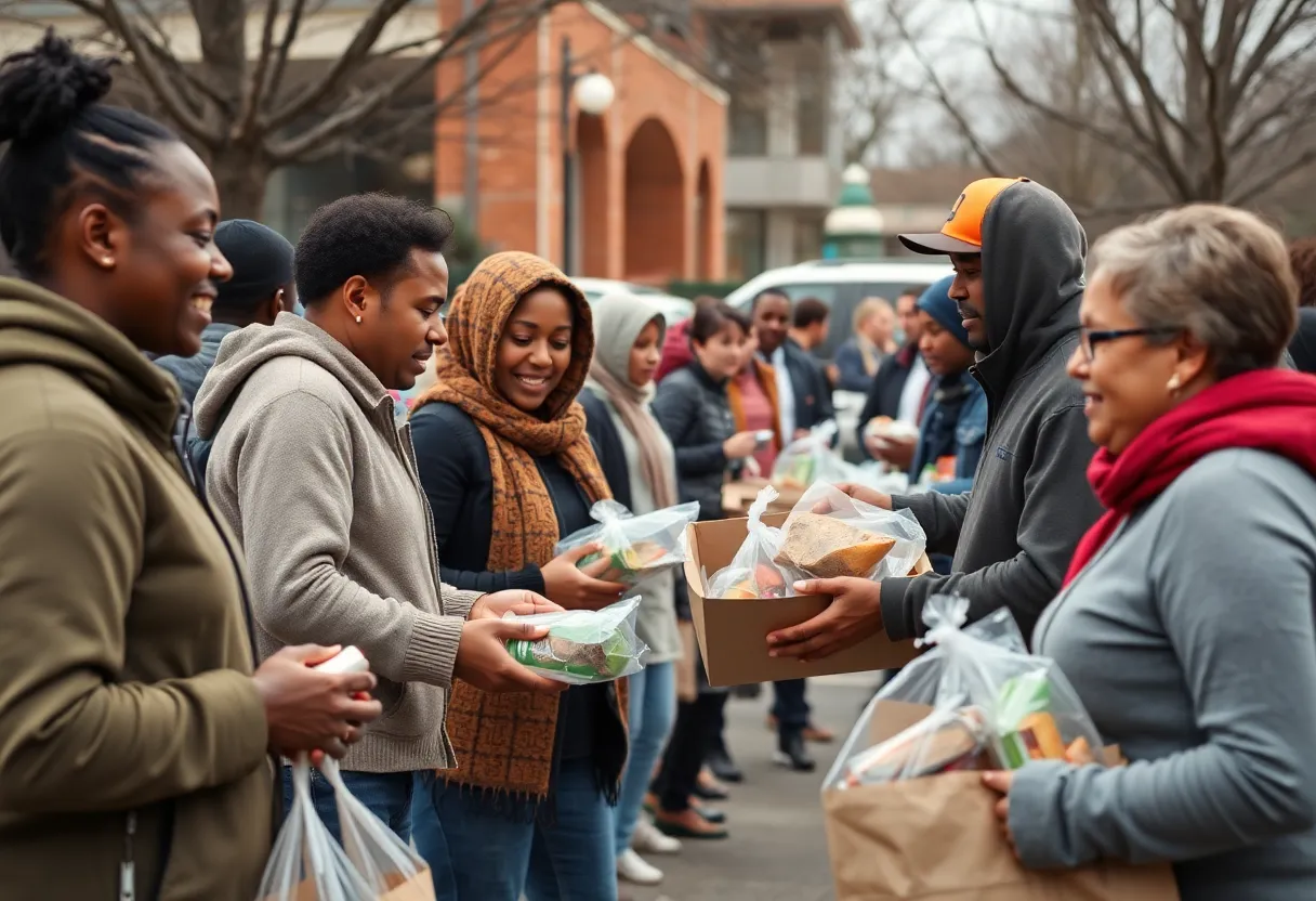 Volunteers at College Park's community support event distributing food and essentials