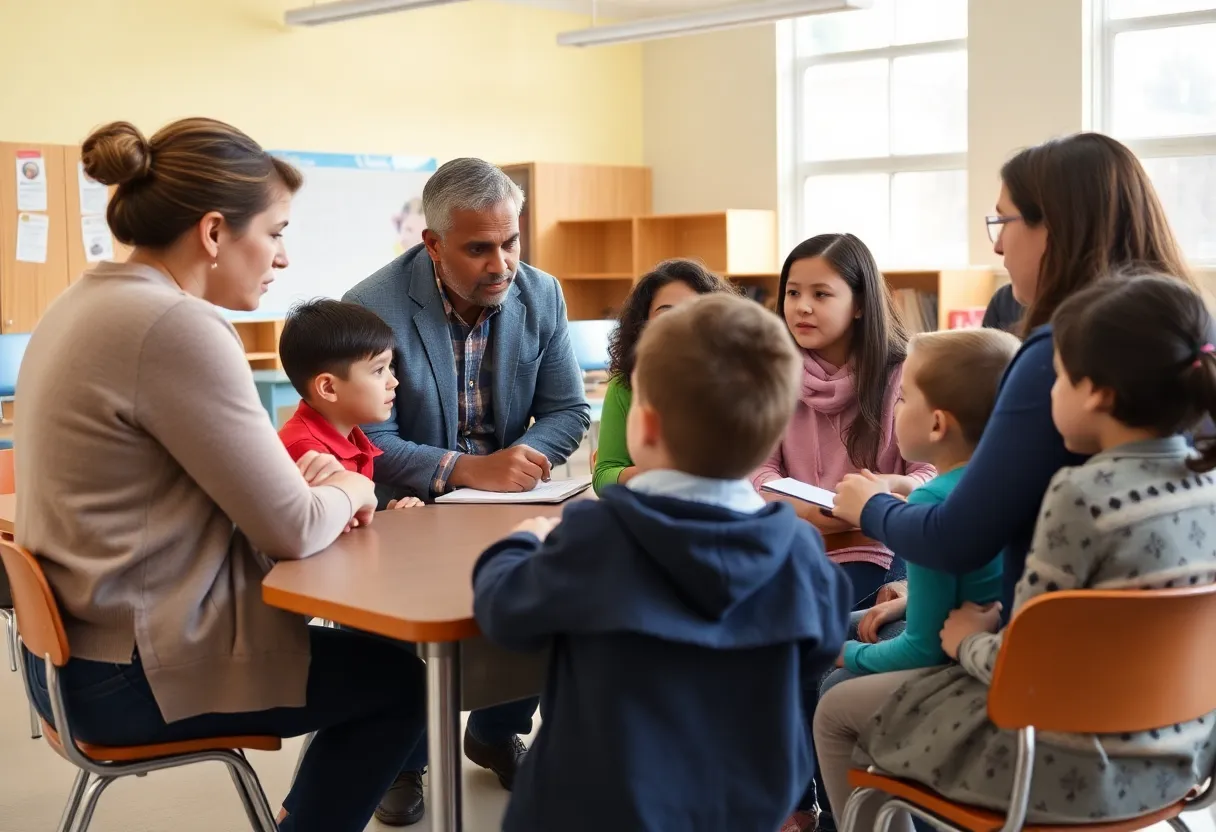 Parents discussing school safety with children in a classroom