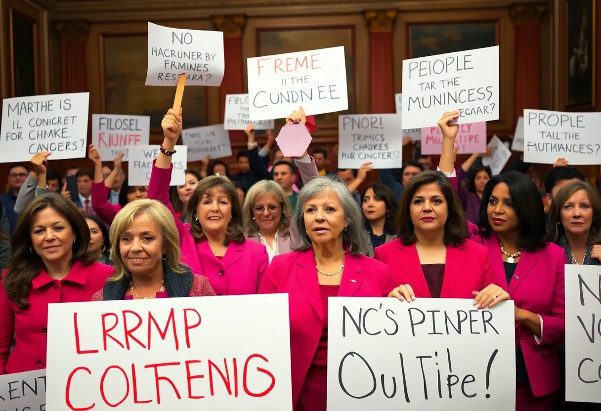 Diverse group of lawmakers protesting during congressional address, holding signs.