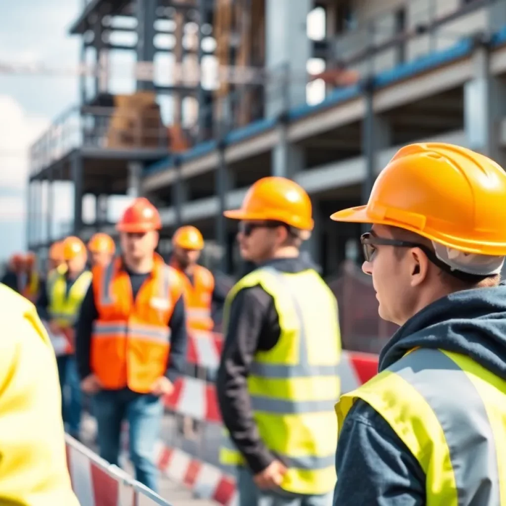 Construction workers practicing safety measures on site