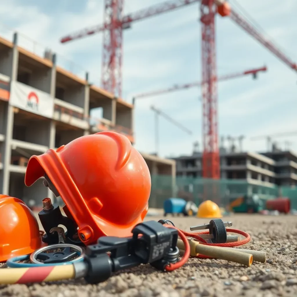 A view of a construction site showing scattered safety equipment